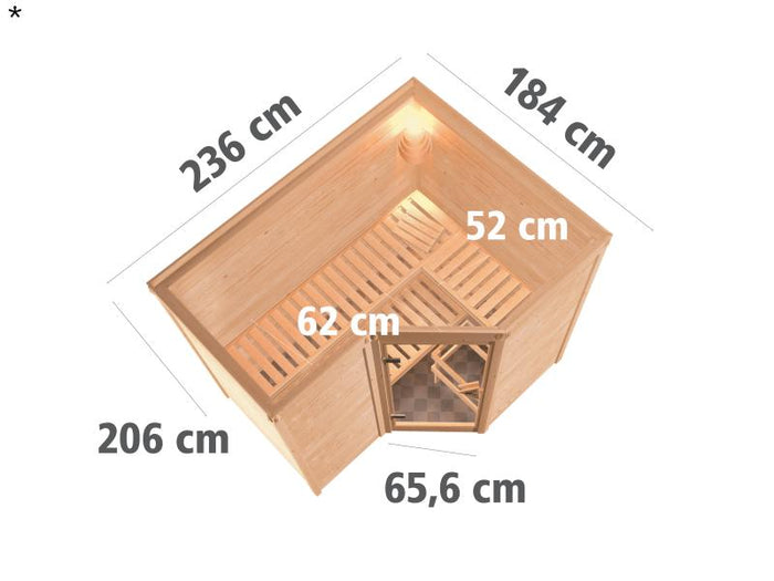 Karibu Sauna Sahib 2 inkl. 9-kW-Bioofen mit externer Steuerung, ohne Dachkranz, mit moderner Saunatü