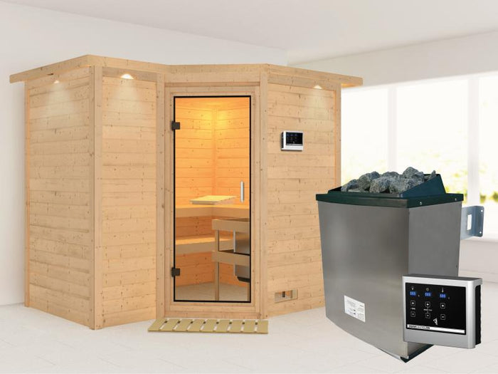 Karibu Sauna Sahib 2 inkl. 9 kW Ofen mit ext. Steuerung, mit Dachkranz, mit Klarglas Ganzglastür
