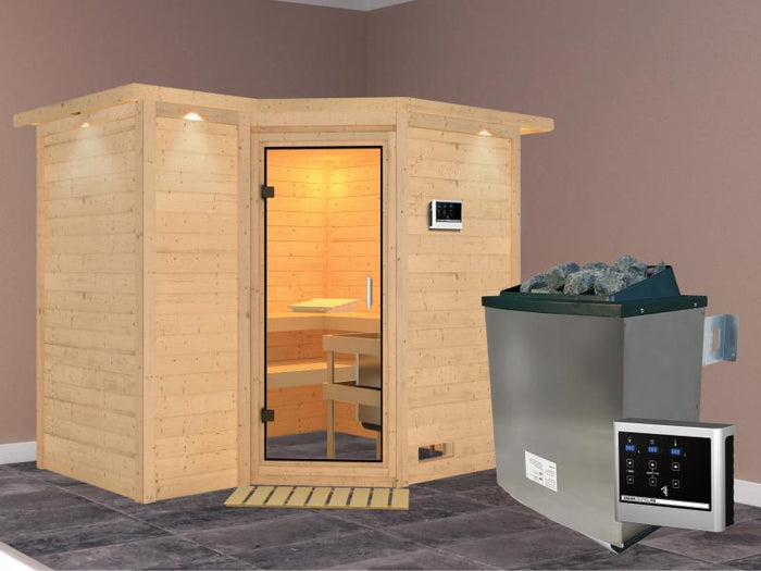 Karibu Sauna Sahib 2 inkl. 9 kW Ofen mit ext. Steuerung, mit Dachkranz, mit Klarglas Ganzglastür