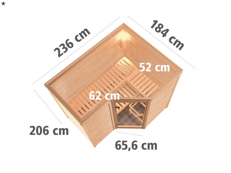 Karibu Sauna Sahib 2 inkl. 9-kW-Ofen mit externer Steuerung, ohne Dachkranz, mit energiesparender Sa