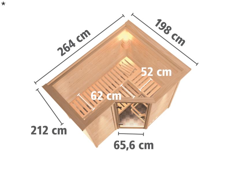 Karibu Sauna Sahib 2 inkl. 9-kW-Ofen mit externer Steuerung, mit Dachkranz, mit energiesparender Sau