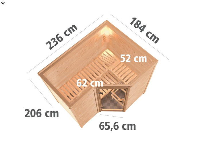Karibu Sauna Sahib 2 inkl. 9-kW-Ofen mit externer Steuerung, ohne Dachkranz, mit moderne Saunatür