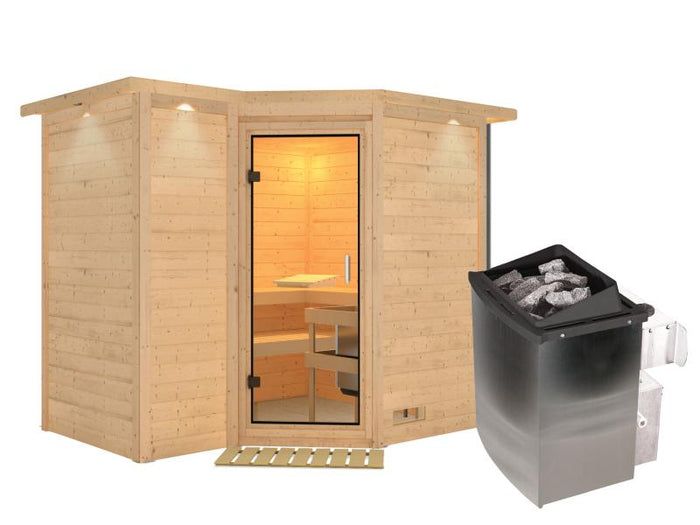 Karibu Sauna Sahib 2 inkl. 9 kW Ofen mit int. Steuerung, mit Dachkranz, mit Klarglas Ganzglastür