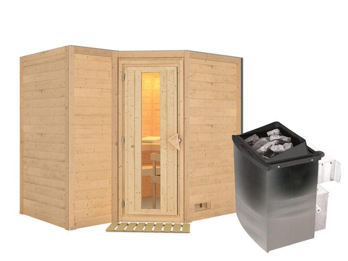 Karibu Sauna Sahib 2 inkl. 9-kW-Ofen mit interner Steuerung, ohne Dachkranz, mit energiesparender Sa