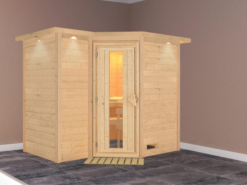 Karibu Sauna Sahib 2 ohne Ofen, mit Dachkranz, mit energiesparender Saunatür