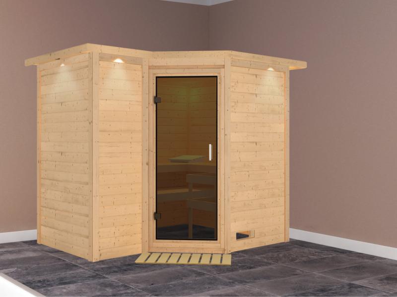 Karibu Sauna Sahib 2 ohne Ofen, mit Dachkranz, mit moderner Saunatür