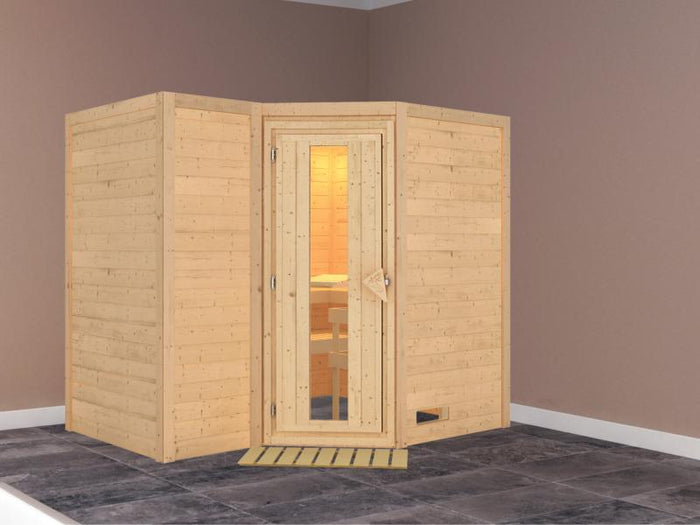 Karibu Sauna Sahib 2 ohne Ofen, ohne Dachkranz, mit energiesparender Saunatür