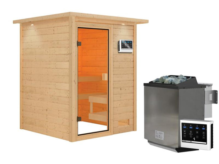 Karibu Sauna Sandra inkl. 9 kW Bioofen ext. Strg mit klassischer Saunatür -mit Dachkranz-