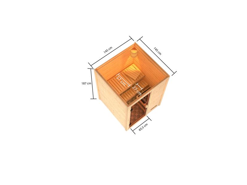 Karibu Sauna Sandra inkl. 9 kW Bioofen ext. Steuerung mit klassischer Tür -ohne Dachkranz-