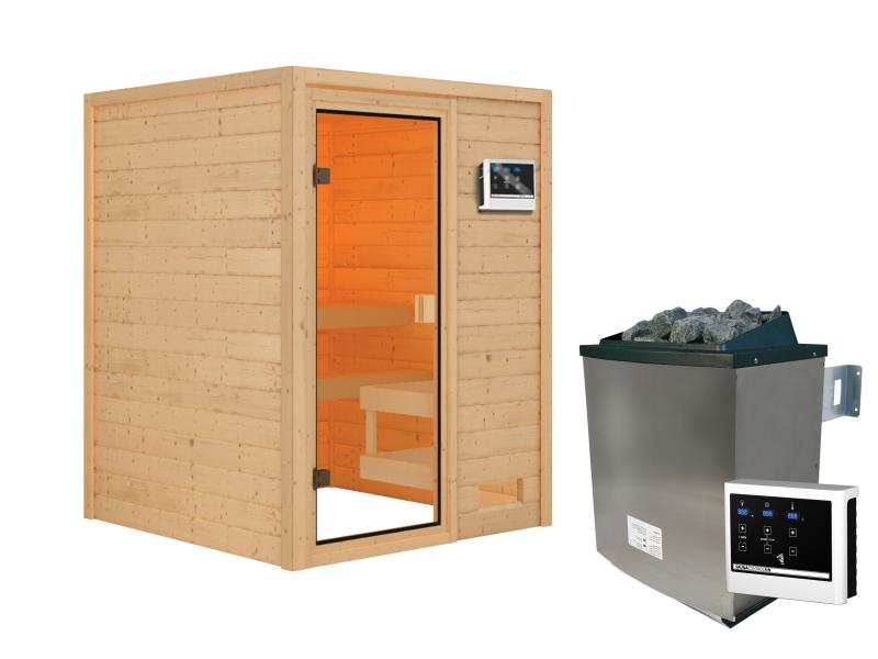 Karibu Sauna Sandra inkl. 9 kW Ofen ext. Steuerung, mit klassicher Tür -ohne Dachkranz-