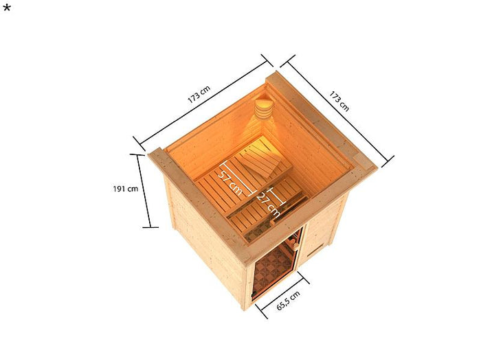 Karibu Sauna Sandra mit 3,6 kW Bioofen ext. Strg und Dachkranz 38 mm