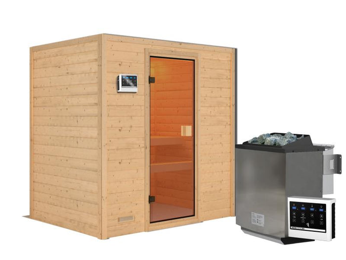 Karibu Sauna Selena inkl. 9 kW Bioofen ext. Steuerung mit klassischer Saunatür -ohne Dachkranz-