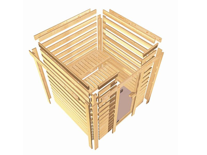 Karibu Sauna Selena inkl. 9 kW Bioofen ext. Steuerung mit klassischer Saunatür -ohne Dachkranz-