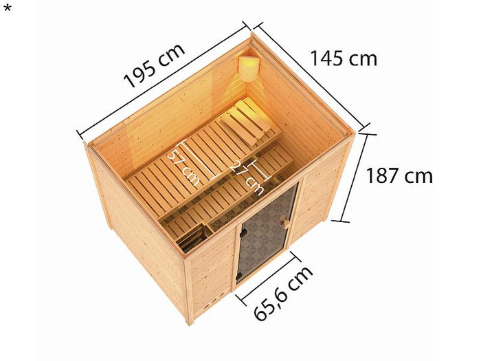 Karibu Sauna Selena mit 3,6 kW Bioofen ext. Strg 38 mm