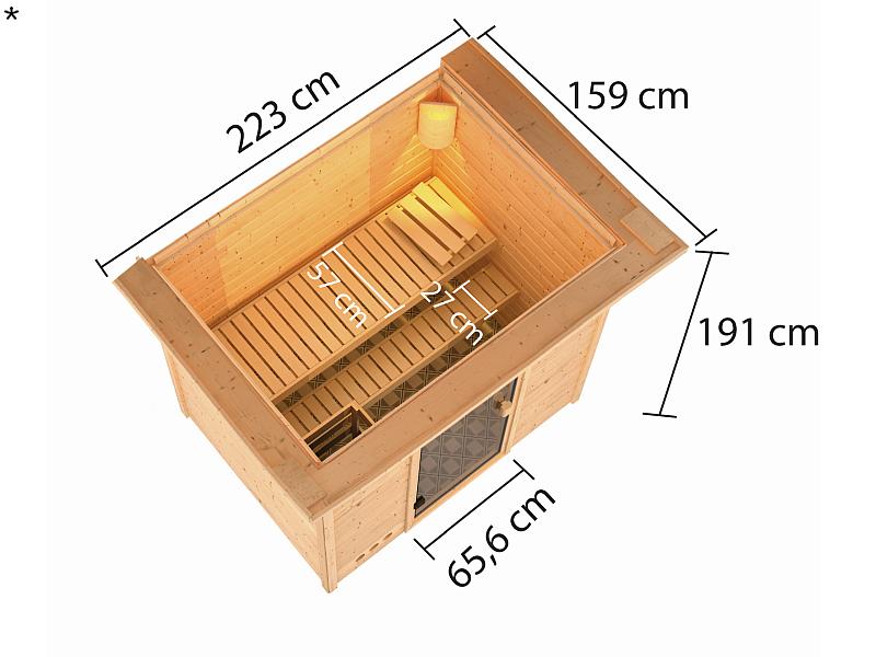 Karibu Sauna Selena mit 3,6 kW Ofen ext. Strg und Dachkranz 38 mm