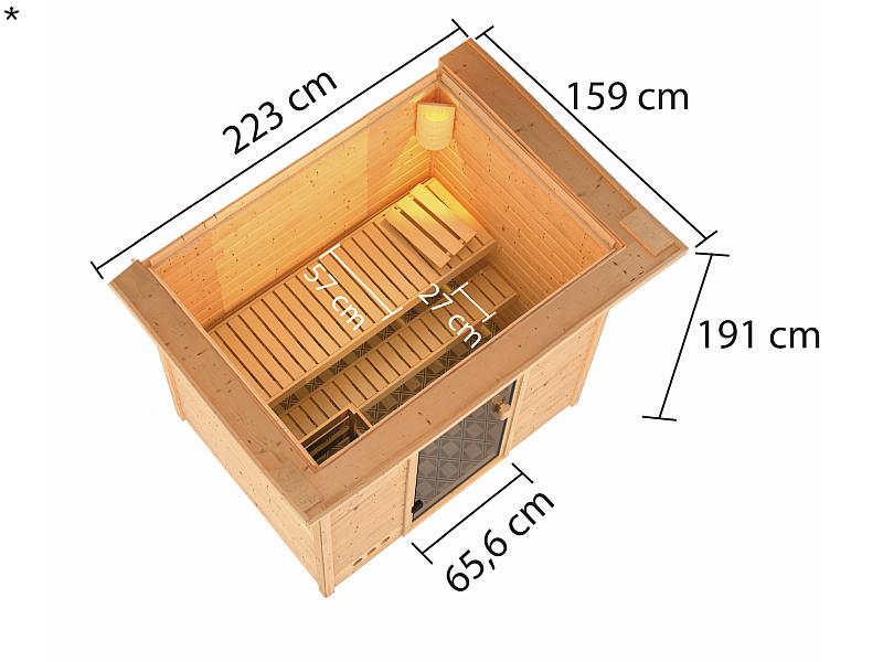 Karibu Sauna Selena mit 3,6 kW Ofen integr. Strg und Dachkranz 38 mm