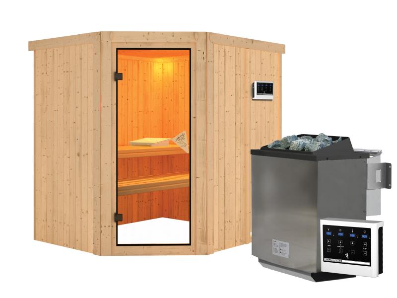 Karibu Sauna Siirin inkl. 9 kW Bioofen ext. Steuerung mit klassischer Saunatür - ohne Dachkranz -