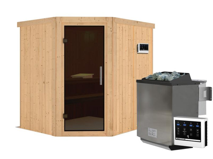Karibu Sauna Siirin inkl. 9 kW Bioofen ext. Steuerung mit moderner Saunatür -ohne Dachkranz-