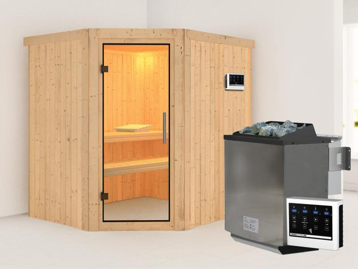 Karibu Sauna Siirin inkl. 9 kW Bioofen mit ext. Steuerung mit Klarglas Ganzglastür -ohne Dachkranz-