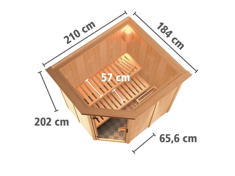 Karibu Sauna Siirin inkl. 9 kW Ofen ext. Steuerung mit energiesparender Saunatür - mit Dachkranz -