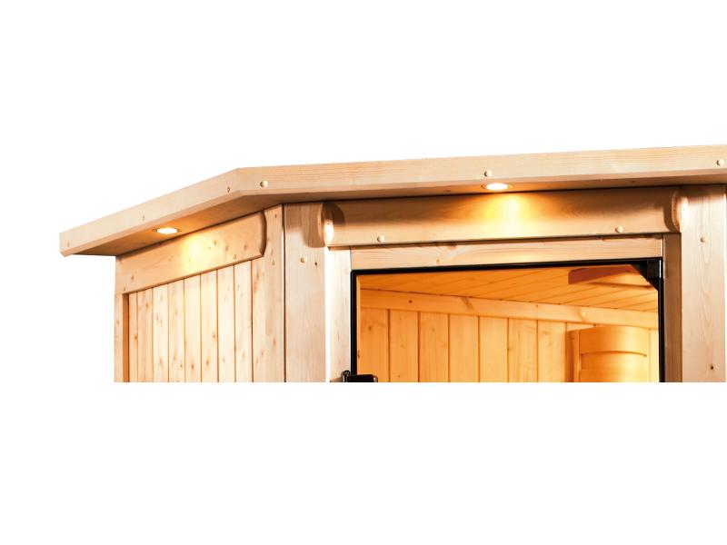 Karibu Sauna Siirin inkl. 9 kW Ofen ext. Steuerung mit energiesparender Saunatür - mit Dachkranz -
