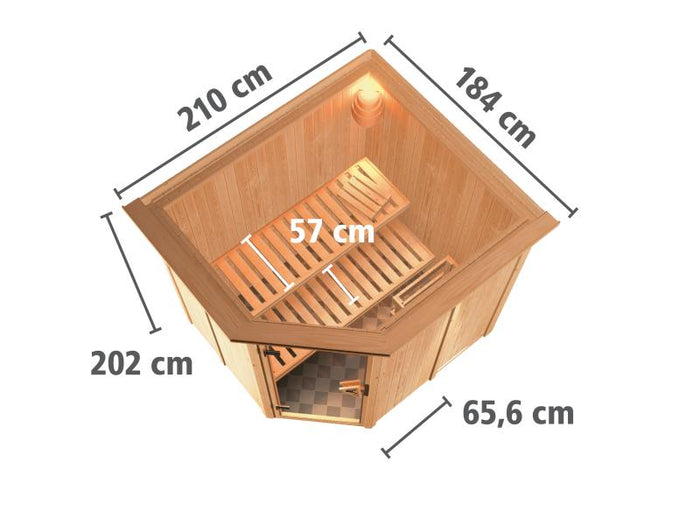 Karibu Sauna Siirin inkl. 9 kW Ofen integr. Steuerung mit klassischer Saunatür - mit Dachkranz -