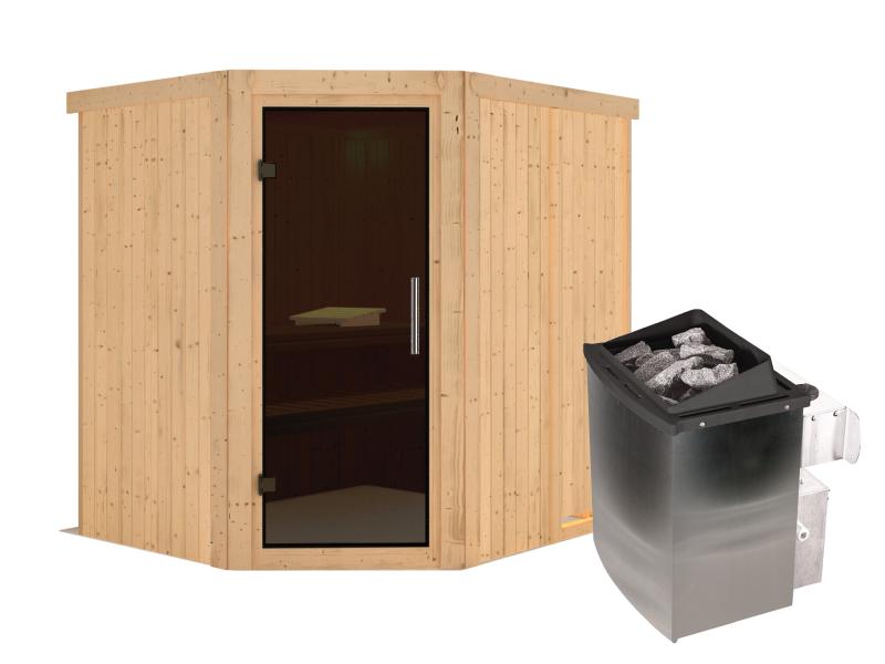 Karibu Sauna Siirin inkl. 9 kW Ofen integr. Steuerung mit moderner Saunatür - ohne Dachkranz -