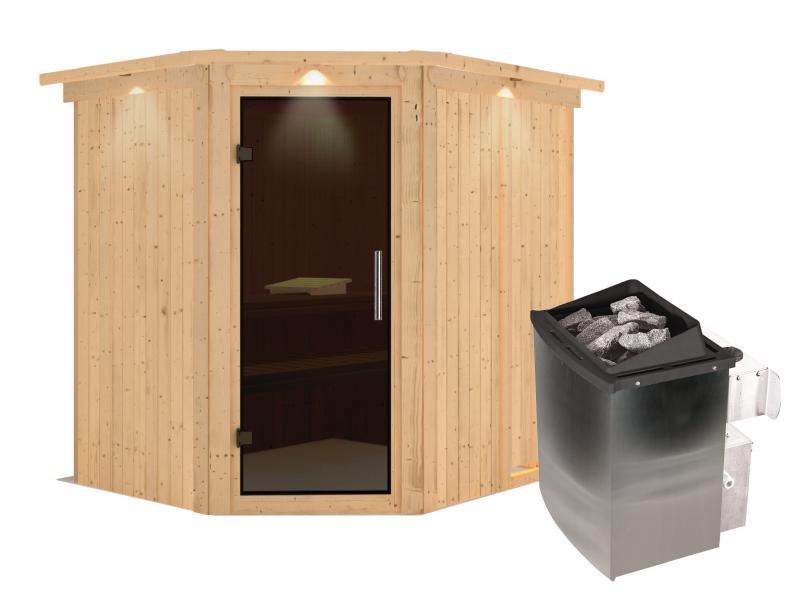 Karibu Sauna Siirin inkl. 9 kW Ofen integr. Steuerung mit moderner Saunatür -mit Dachkranz-