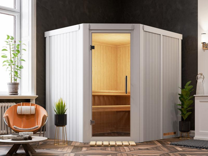 Karibu Sauna Siirin inkl. 9 kW Ofen integr. Steuerung, lichtgrau, mit Klarglas Ganzglastür -ohne Dac