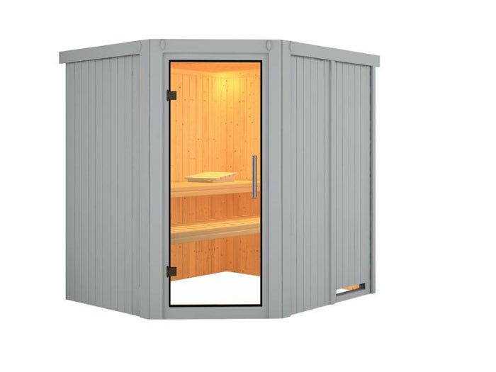 Karibu Sauna Siirin inkl. 9 kW Ofen integr. Steuerung, lichtgrau, mit Klarglas Ganzglastür -ohne Dac