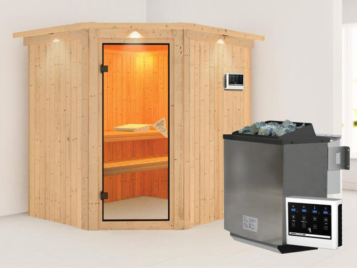 Karibu Sauna Siirin inkl. 9kW Bioofen ext. Steuerung mit klassischer Saunatür - mit Dachkranz -