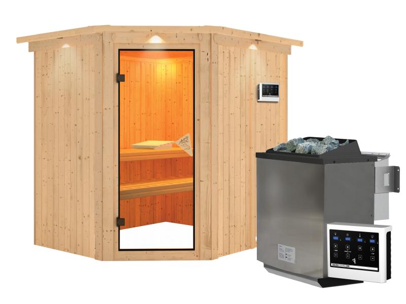 Karibu Sauna Siirin inkl. 9kW Bioofen ext. Steuerung mit klassischer Saunatür - mit Dachkranz -
