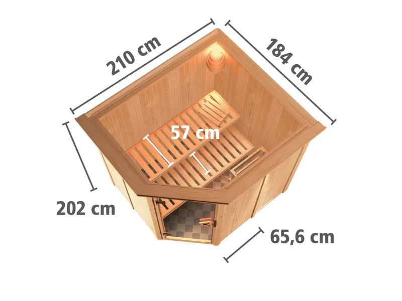 Karibu Sauna Siirin inkl. 9kW Bioofen ext. Steuerung mit klassischer Saunatür - mit Dachkranz -