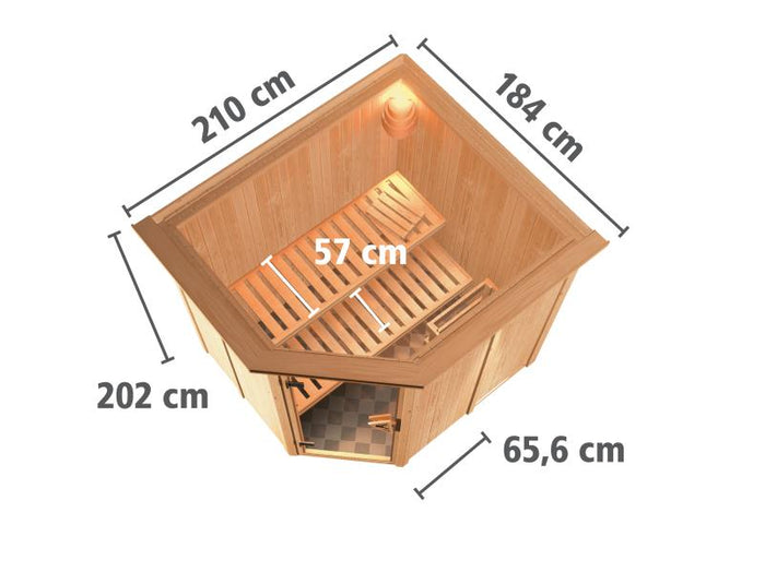 Karibu Sauna Siirin inkl. 9kW Bioofen ext. Steuerung mit Klarglas Ganzglastür -mit Dachkranz-