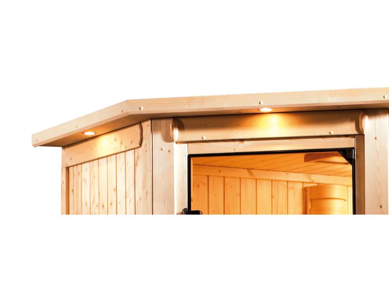 Karibu Sauna Siirin inkl. 9kW Bioofen ext. Steuerung mit Klarglas Ganzglastür -mit Dachkranz-