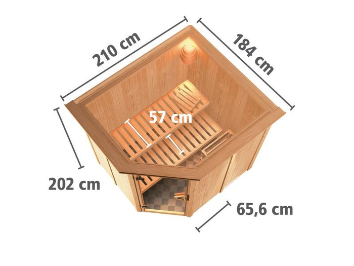 Karibu Sauna Siirin inkl. 9kW Ofen mit int. Steuerung mit Klarglas Ganzglastür -mit Dachkranz-
