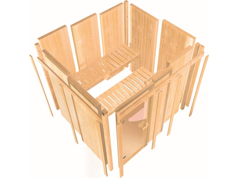 Karibu Sauna Siirin inkl. 9kW Ofen mit integr. Steuerung mit Klarglas Ganzglastür -ohne Dachkranz-