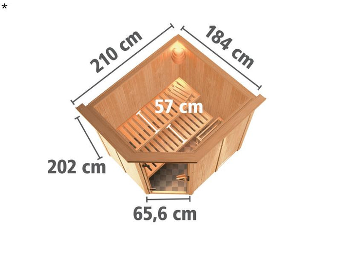 Karibu Sauna Siirin ohne Ofen, mit Dachkranz, mit energiesparender Saunatür