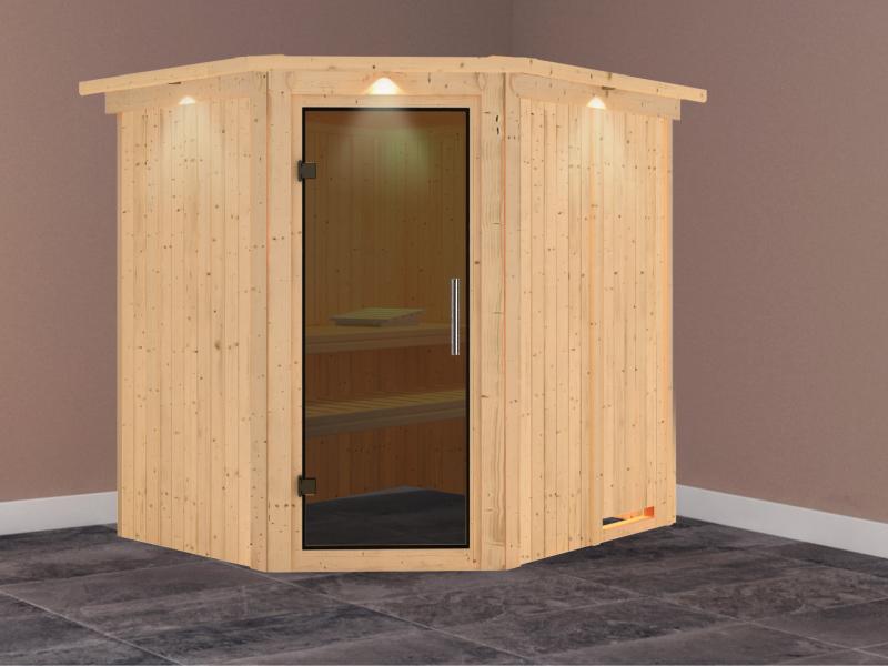 Karibu Sauna Siirin ohne Ofen, mit Dachkranz, mit moderner Saunatür