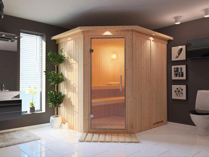 Karibu Sauna Siirin ohne Ofen, mit Dachkranz, mit Klarglas Ganzglastür