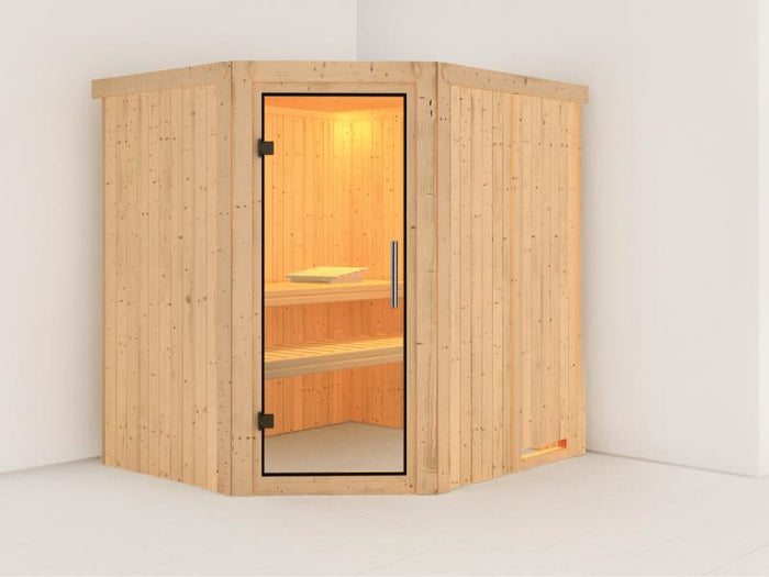 Karibu Sauna Siirin ohne Ofen, ohne Dachkranz, mit Klarglas Ganzglastür