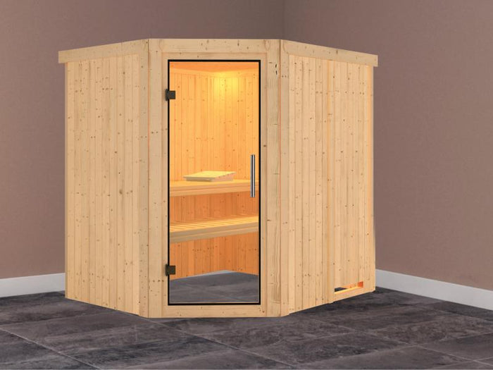 Karibu Sauna Siirin ohne Ofen, ohne Dachkranz, mit Klarglas Ganzglastür