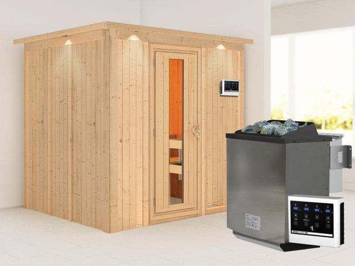 Karibu Sauna Sodin inkl. 9 kW Bioofen ext. Steuerung mit energiesparender Saunatür - mit Dachkranz -