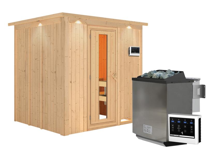 Karibu Sauna Sodin inkl. 9 kW Bioofen ext. Steuerung mit energiesparender Saunatür - mit Dachkranz -