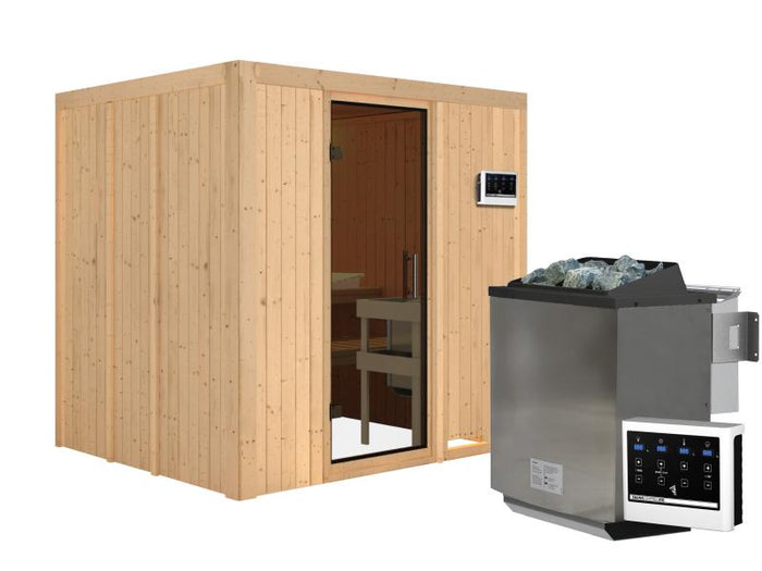Karibu Sauna Sodin inkl. 9 kW Bioofen ext. Steuerung mit moderner Saunatür - ohne Dachkranz -