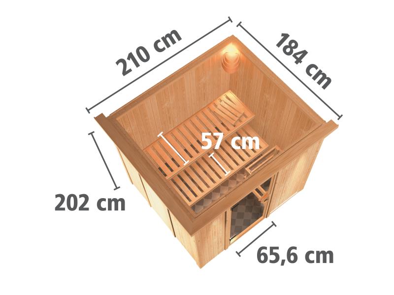 Karibu Sauna Sodin inkl. 9 kW Bioofen ext. Steuerung mit moderner Saunatür - mit Dachkranz -