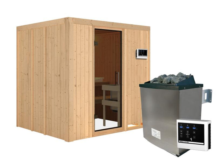 Karibu Sauna Sodin inkl. 9 kW Ofen ext. Steuerung mit moderner Saunatür - ohne Dachkranz -