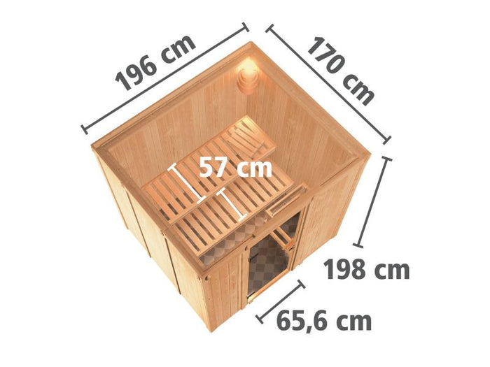 Karibu Sauna Sodin inkl. 9 kW Ofen integr. Steuerung mit bronzierter Ganzglastür - ohne Dachkranz -