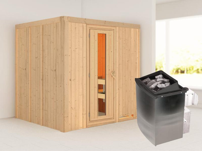 Karibu Sauna Sodin inkl. 9 kW Ofen integr. Steuerung mit energiesparender Saunatür - ohne Dachkranz