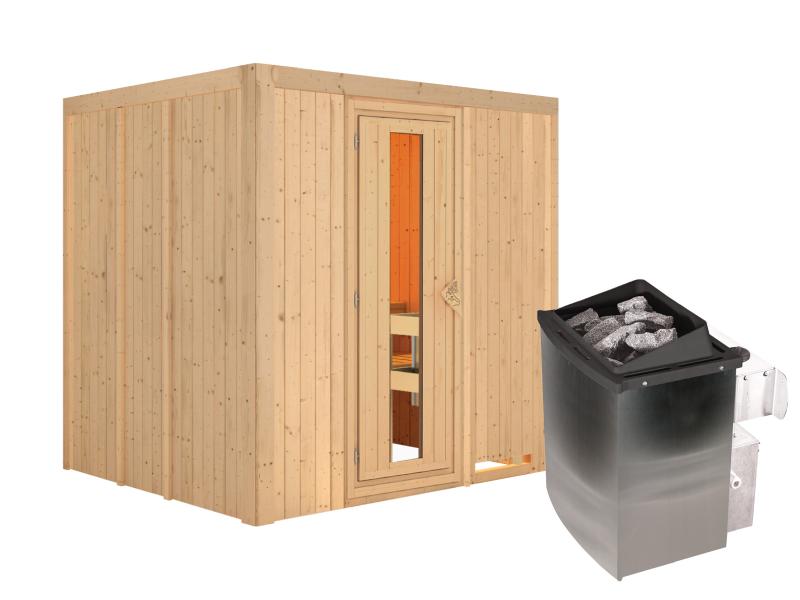 Karibu Sauna Sodin inkl. 9 kW Ofen integr. Steuerung mit energiesparender Saunatür - ohne Dachkranz